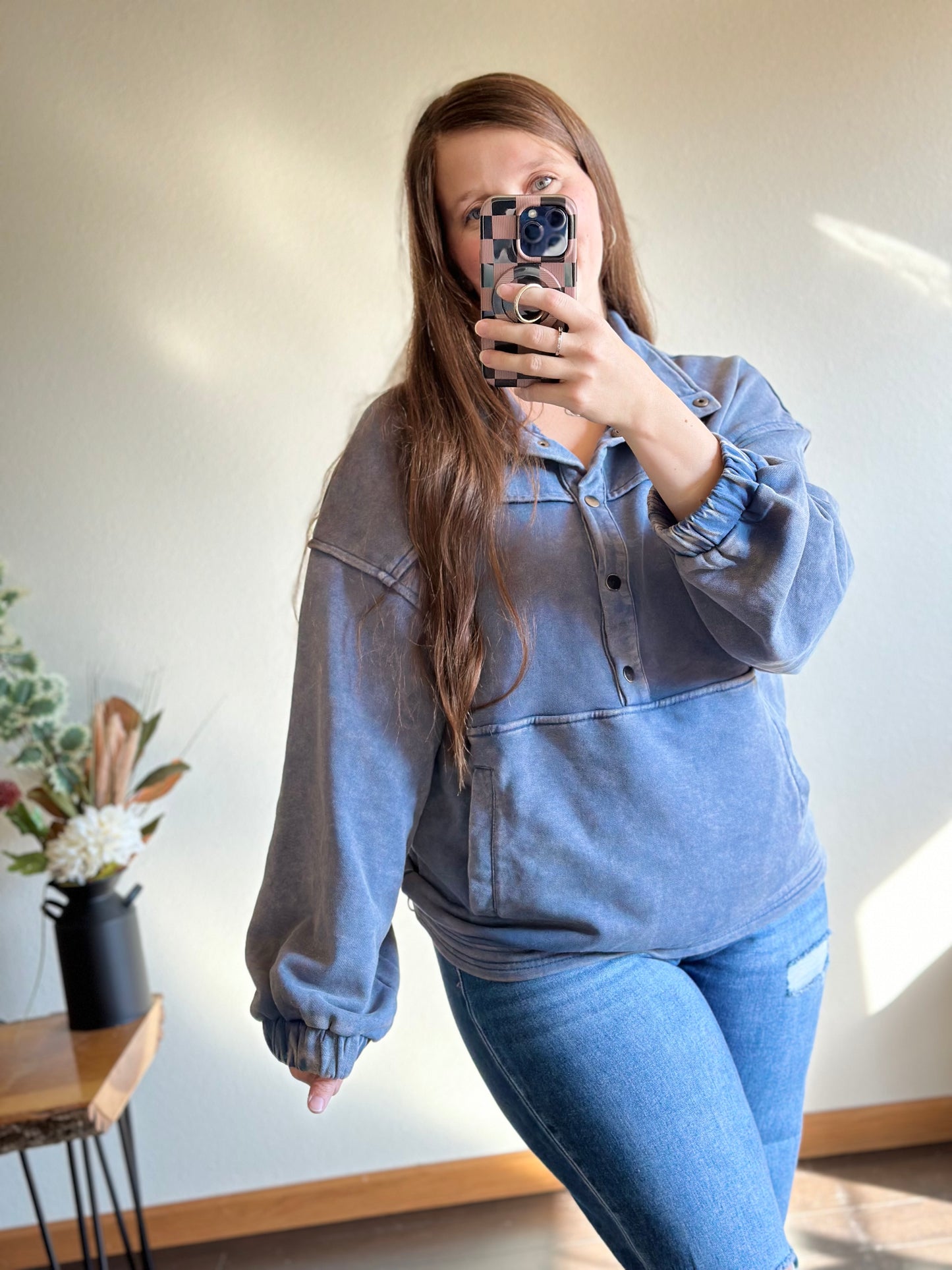 Maci Mineral Washed Button Down Knit Sweatshirt (Denim)