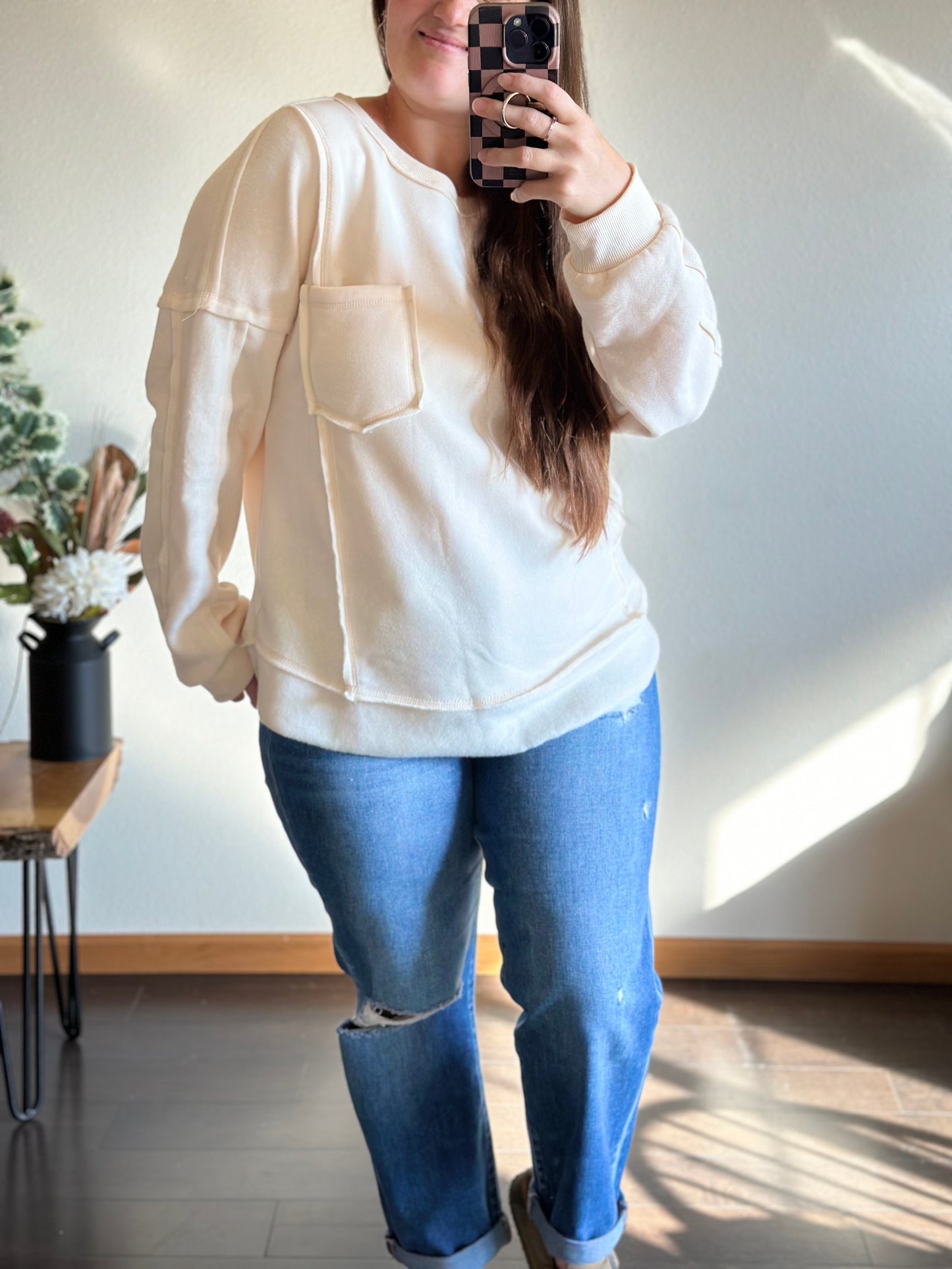 Cami Contrast French Terry Knit Oversized Comfy Top (Cream)