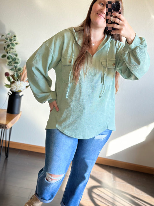 Olivia Oversized Knit Top Hoodie with Patch Pockets (Sage)