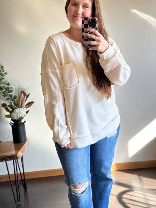 Cami Contrast French Terry Knit Oversized Comfy Top (Cream)