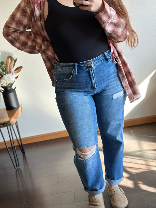 High Rise Crop Girlfriend Roll Up Jeans